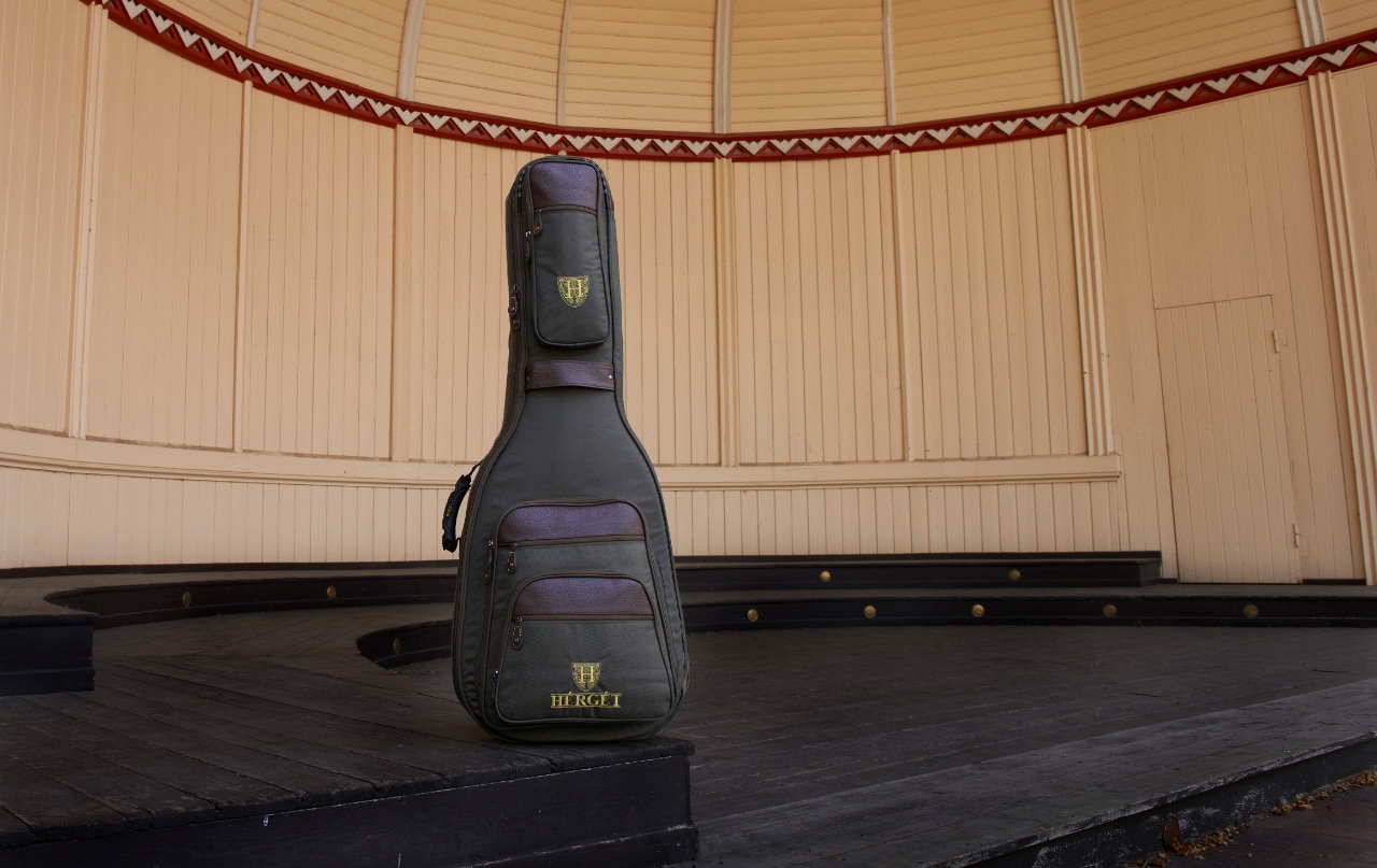 HÉRGÉT guitar case placed on a dark wooden stage inside a curved wooden bandstand with light paneling and decorative trim.
